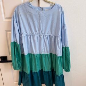 Blue and Green Casual Sundress with Bishop Sleeves